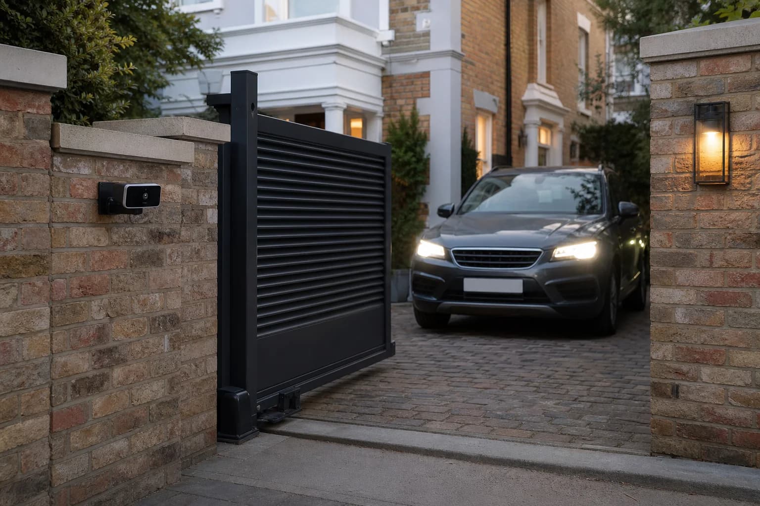 Car approaching a London driveway gate fitted with ANPR access control