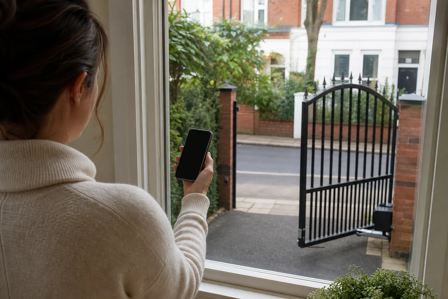 Homeowner opening a driveway gate remotely with a mobile phone