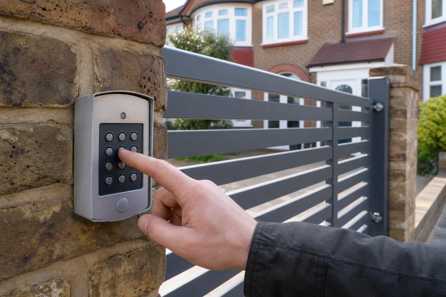 Homeowner entering a PIN on a driveway-gate keypad in London