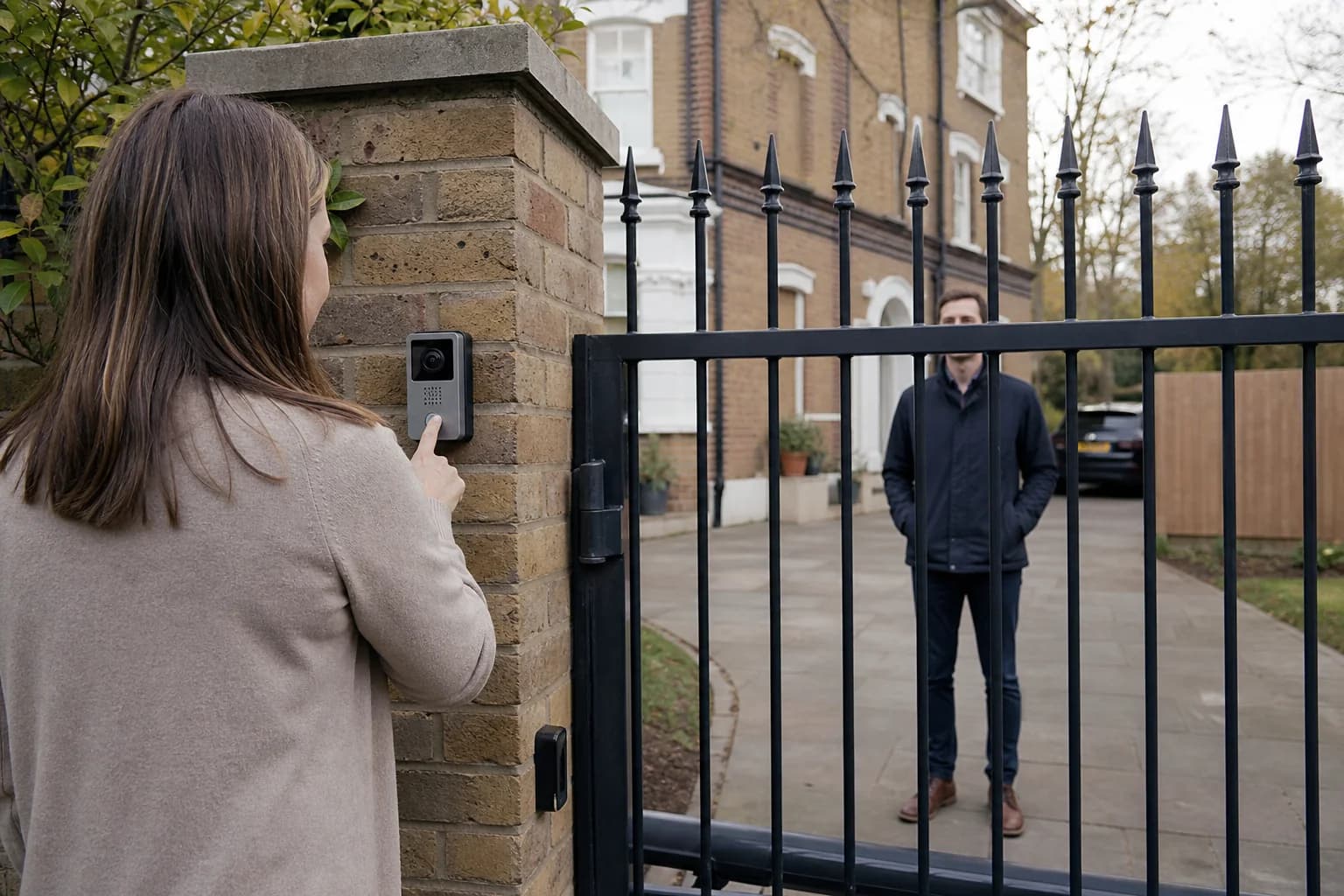 Homeowner speaking to a visitor through a driveway-gate video intercom