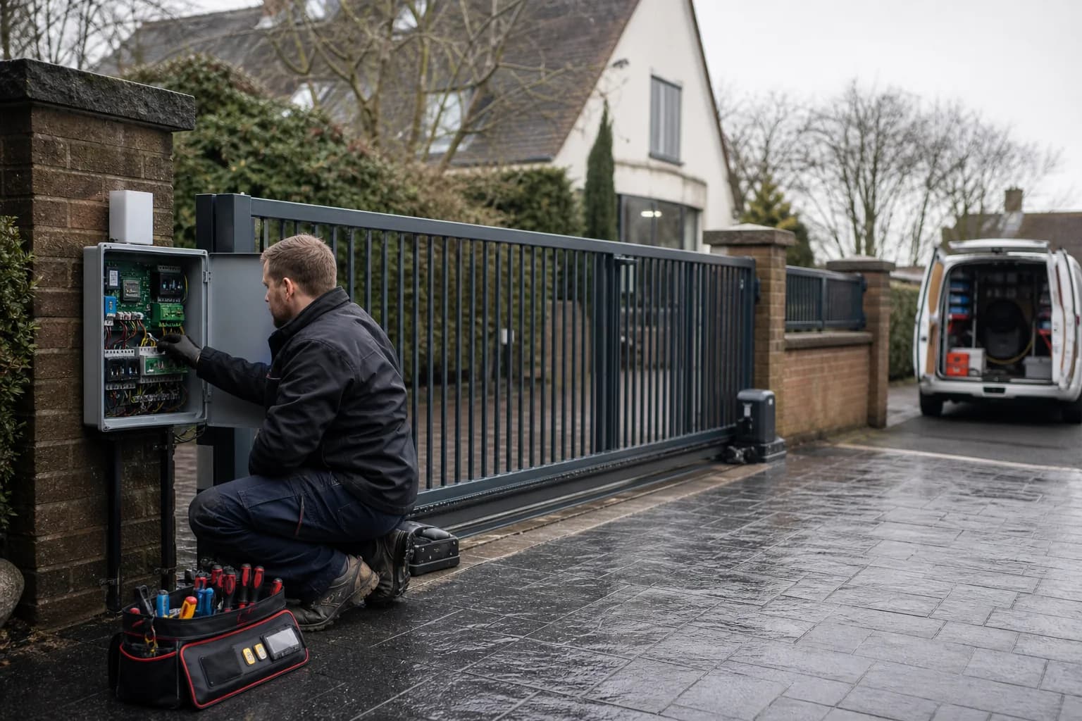 Engineer carrying out an annual service on an automated sliding gate