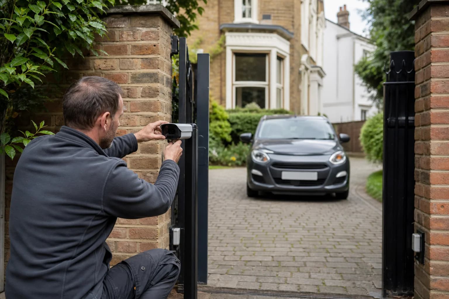 Installer aligning an ANPR camera for a London residential driveway