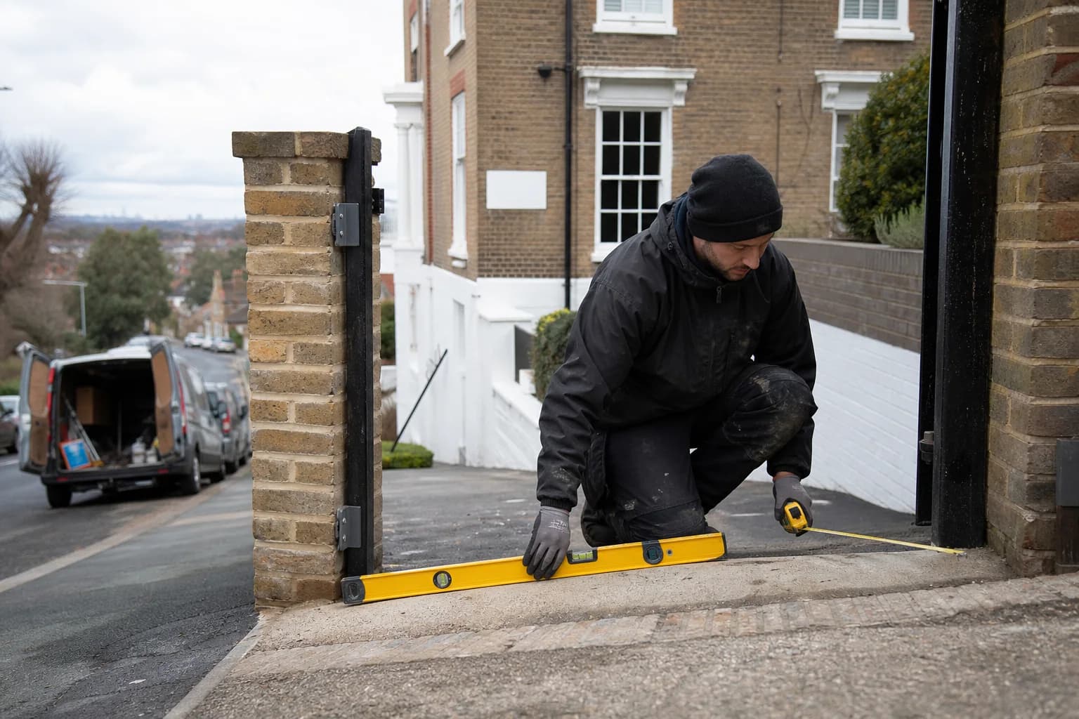 Gate installer measuring the gradient of a sloping London driveway