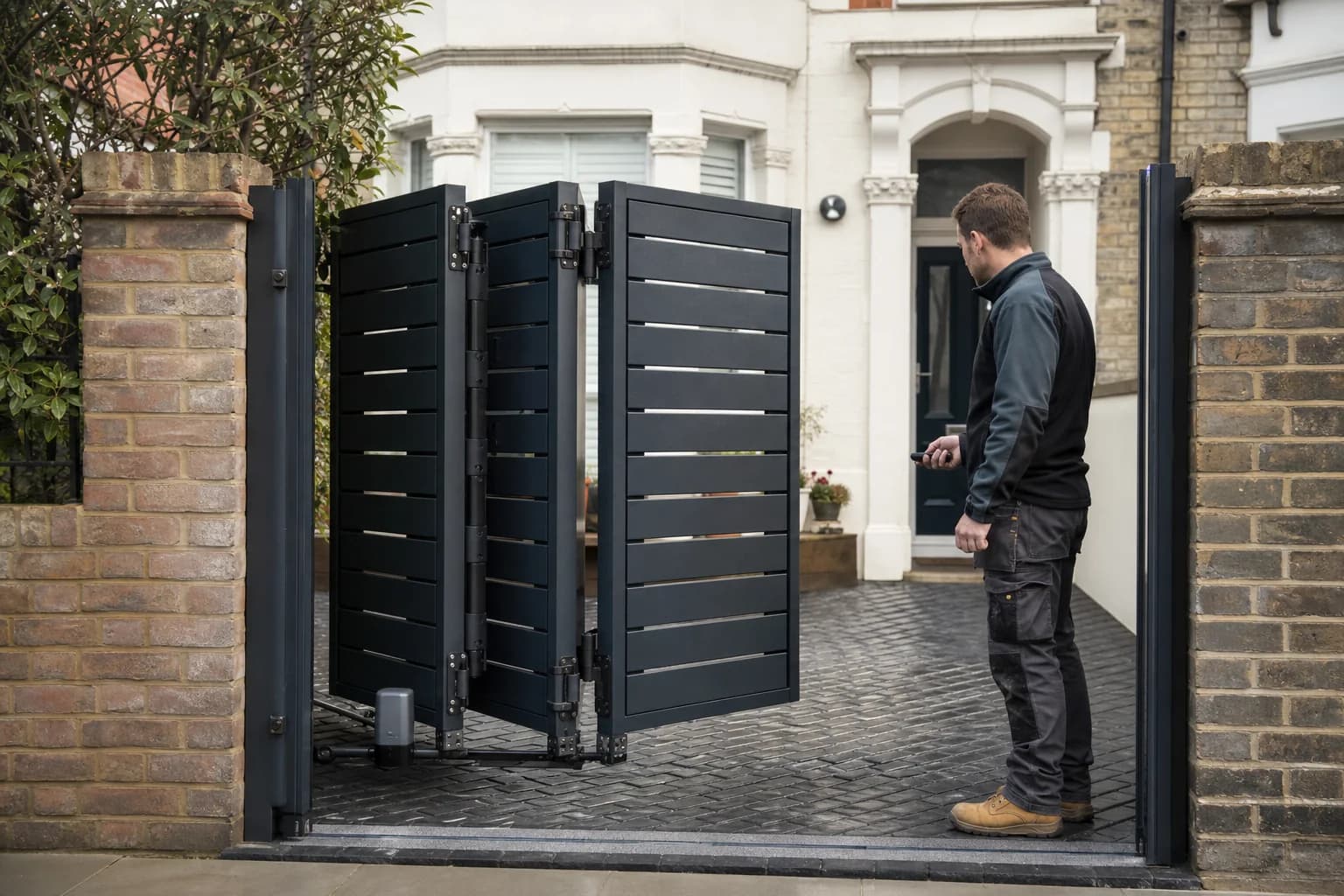 Installer checking a compact bi-fold driveway gate at a London home