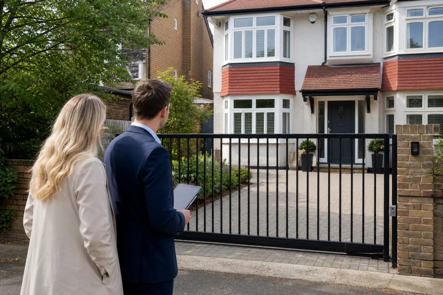 Homeowner and estate agent viewing a gated London property frontage
