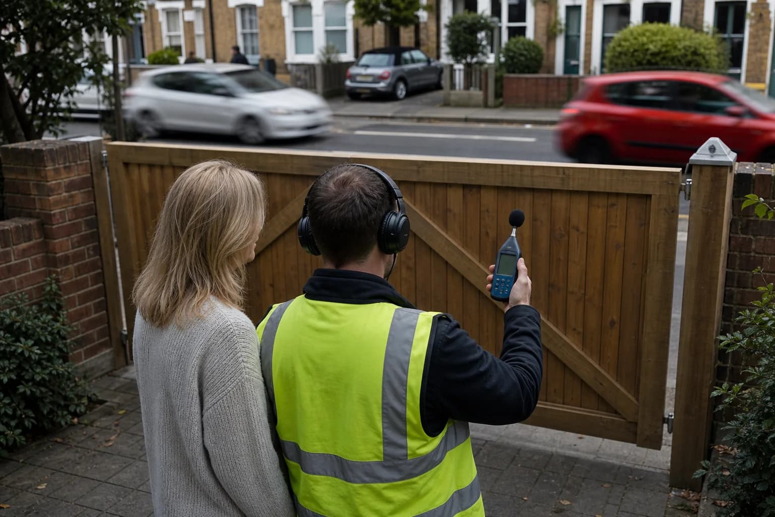 Acoustic surveyor checking traffic noise behind a solid driveway gate
