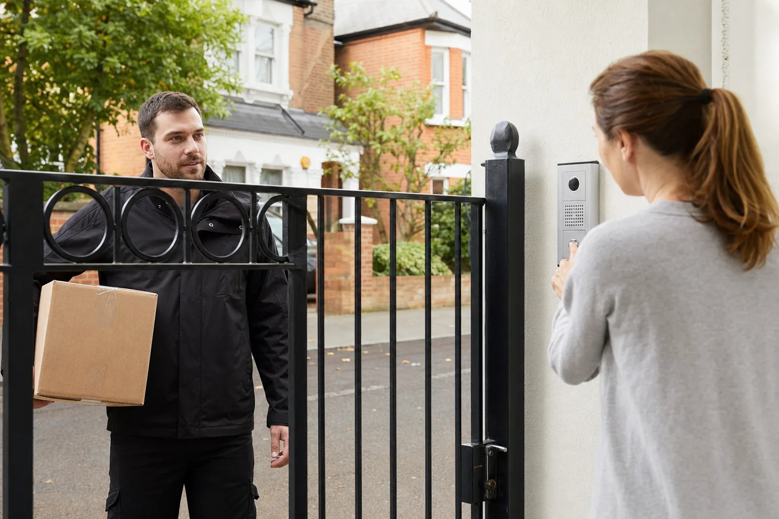 Courier using an intercom to deliver a parcel through an electric gate
