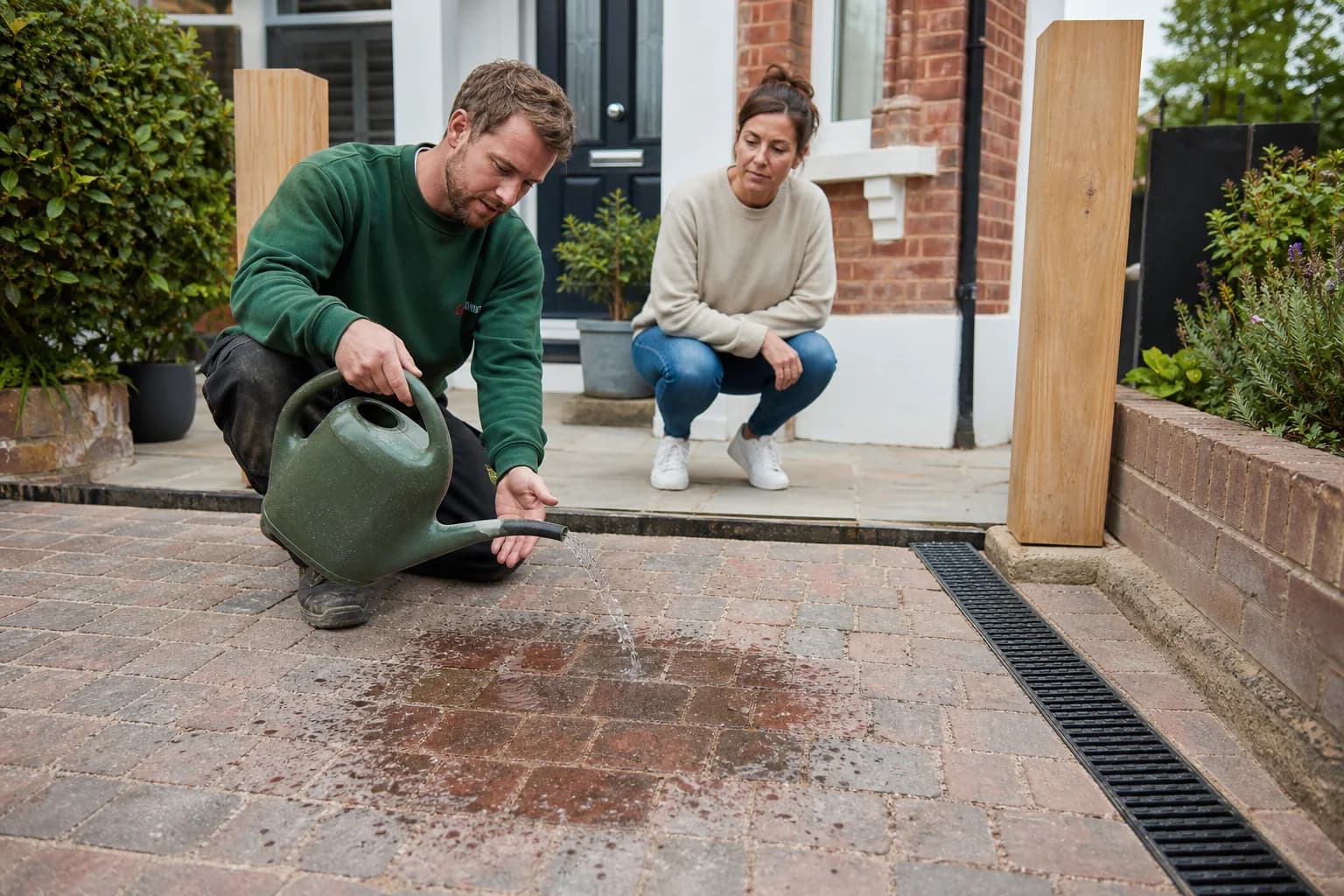 Contractor demonstrating permeable driveway paving beside new gate posts