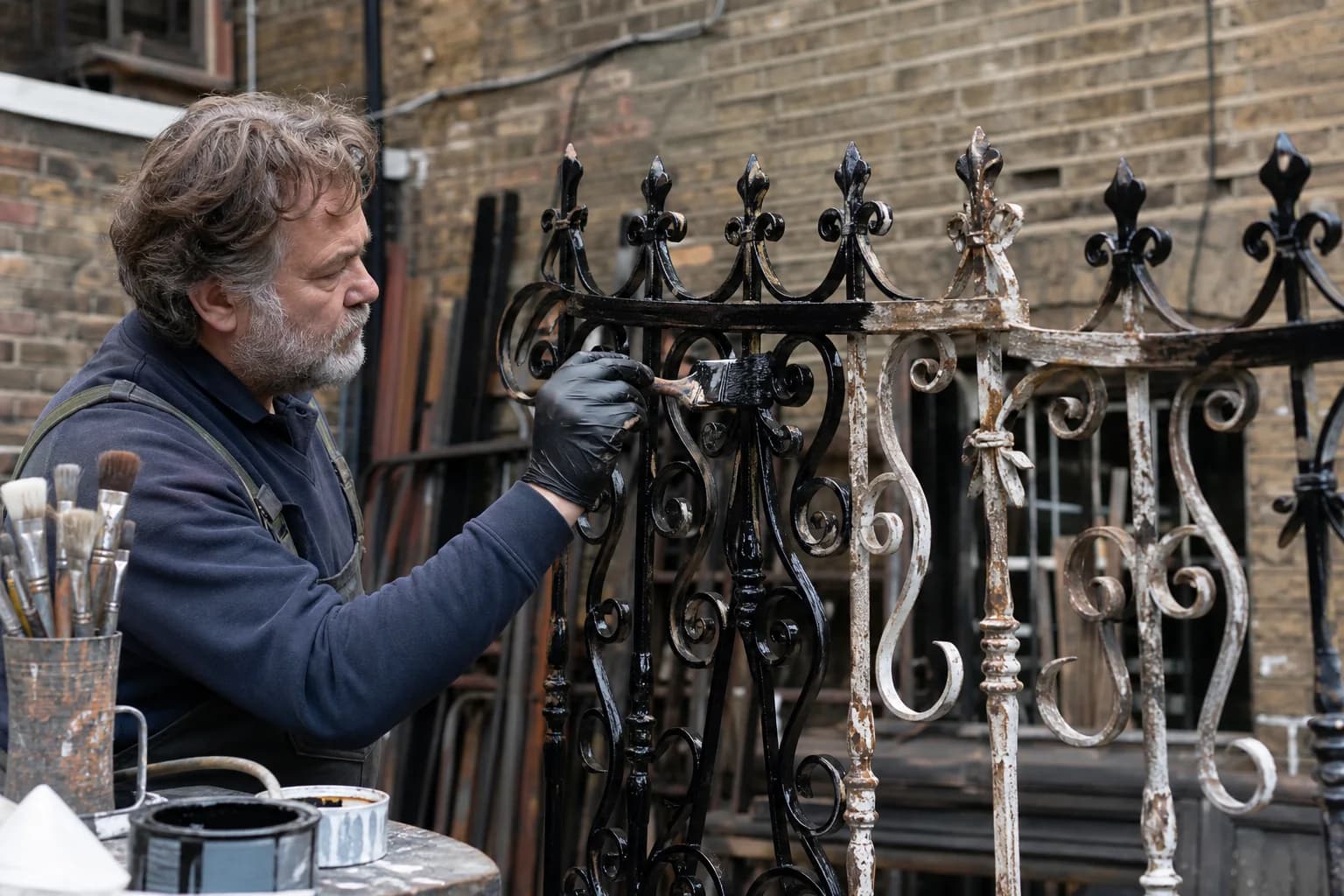 Metalworker applying a heritage finish to a restored Victorian gate