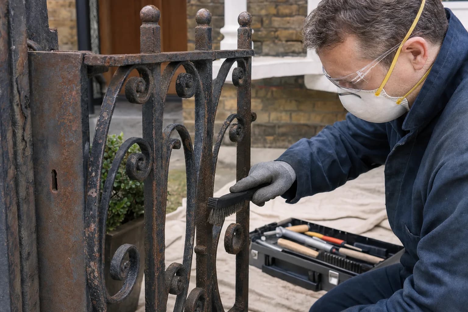 Restoration specialist removing rust from a London wrought-iron gate