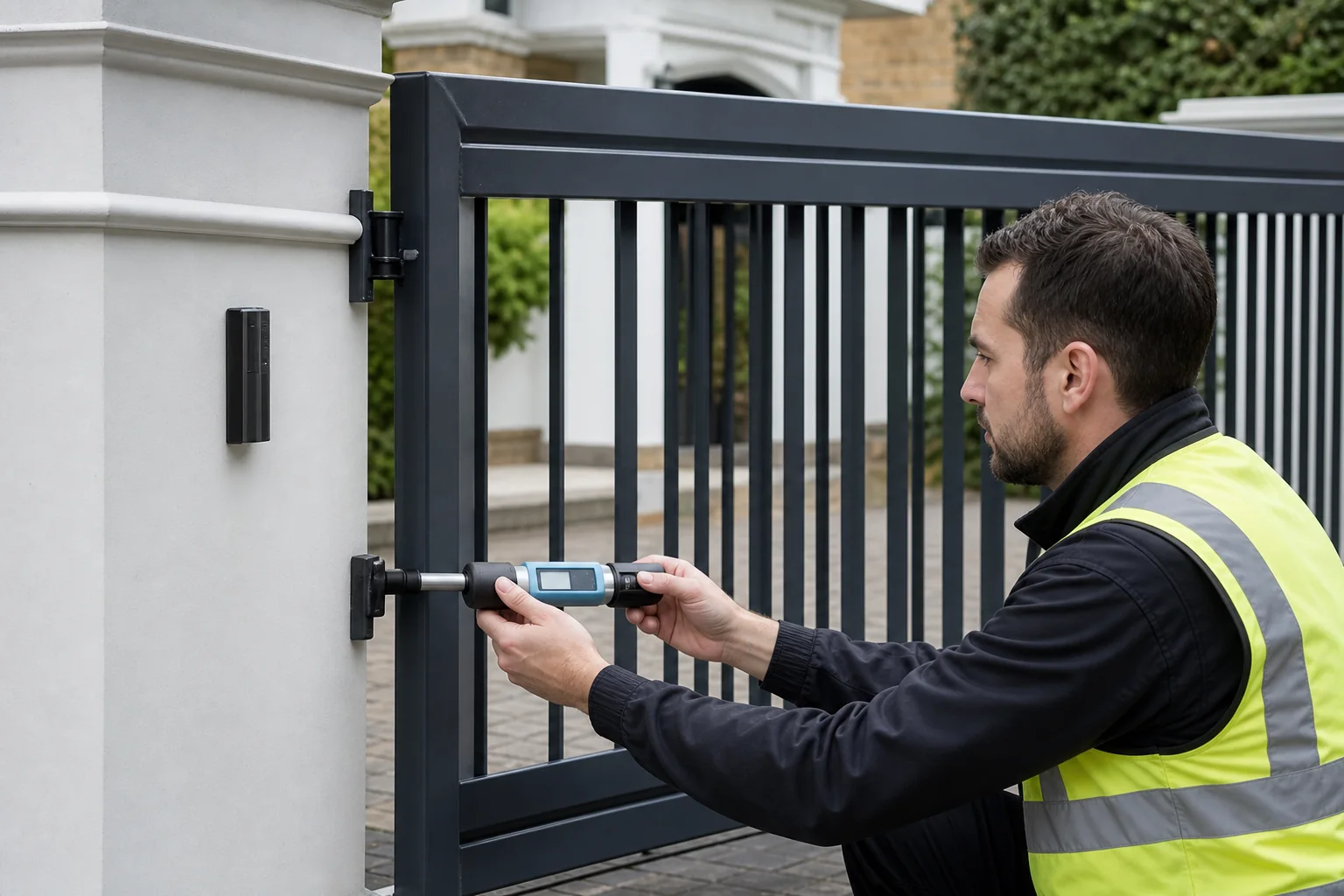Technician carrying out a calibrated force test on an electric gate