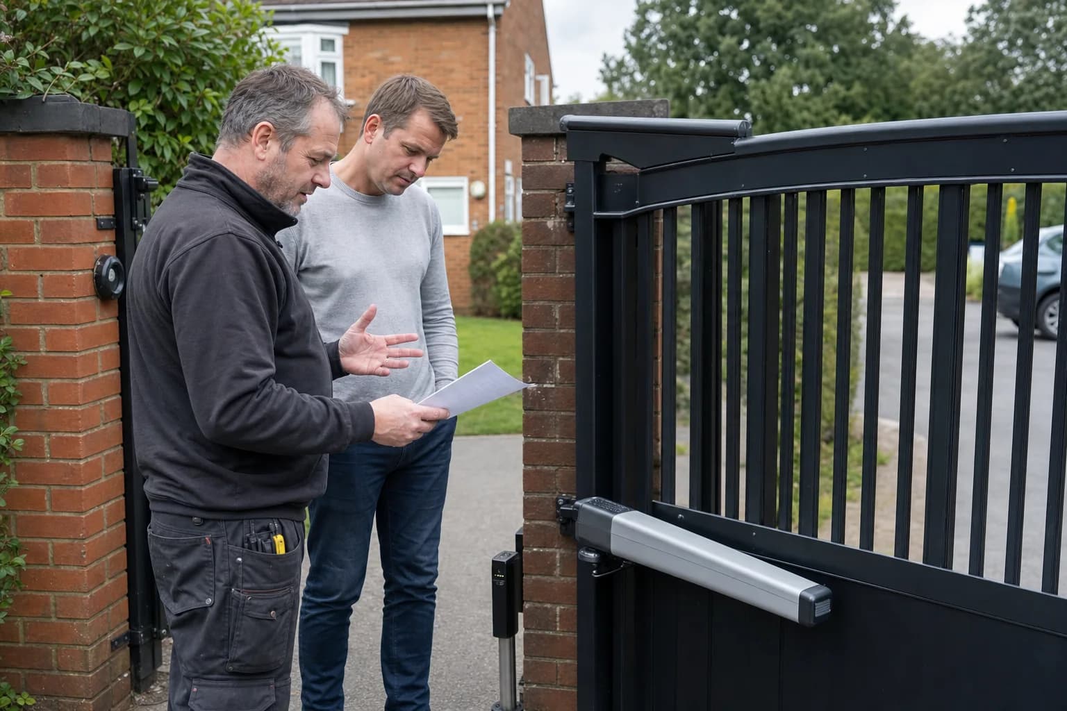 Gate installer explaining a completed safety inspection to a homeowner