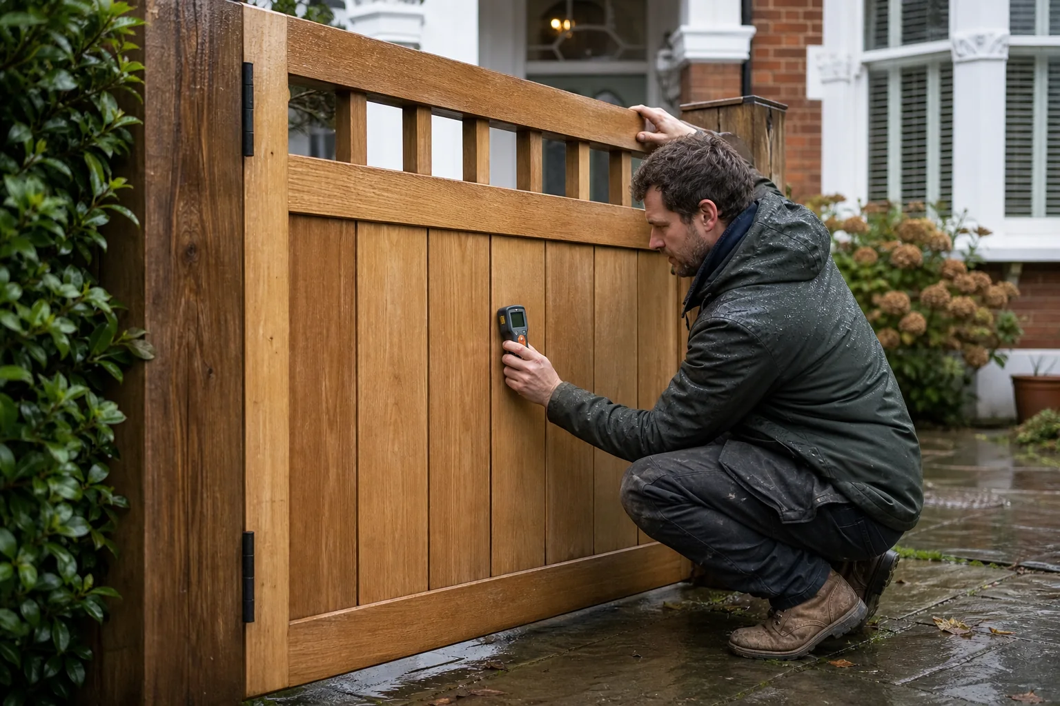 Joiner checking an Accoya-style timber driveway gate after wet weather
