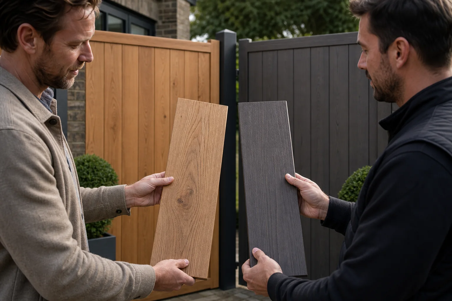 Homeowner comparing timber with wood-effect aluminium gate samples