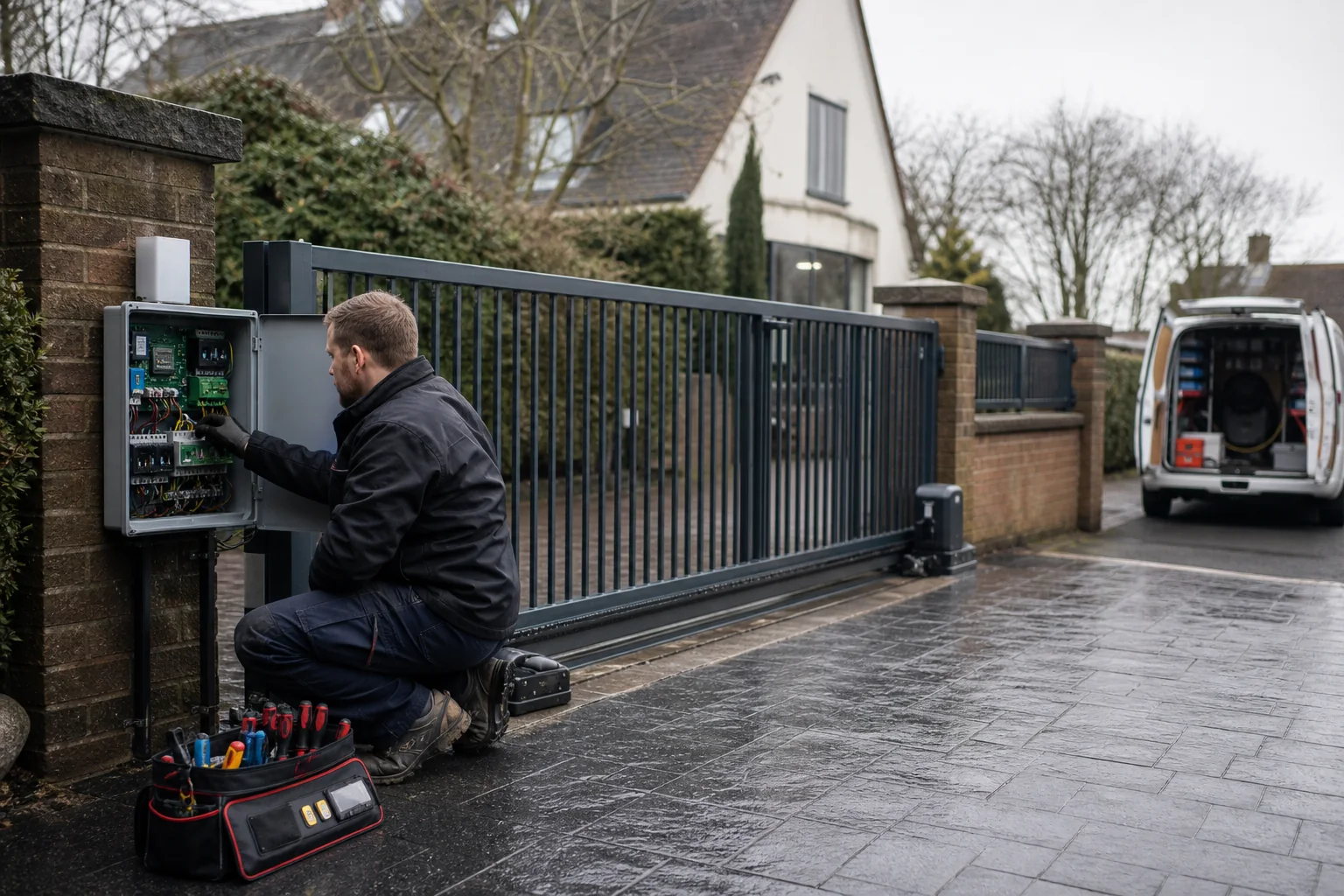 Engineer carrying out an annual service on an automated sliding gate