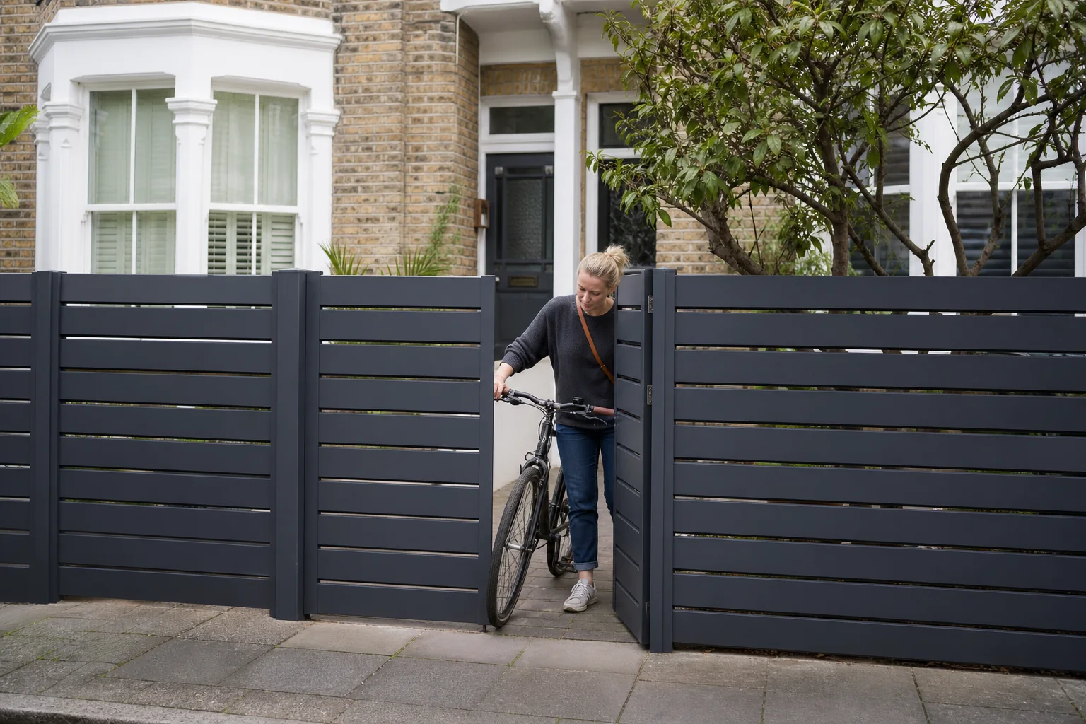 Anthracite-grey aluminium driveway gate at a compact London home