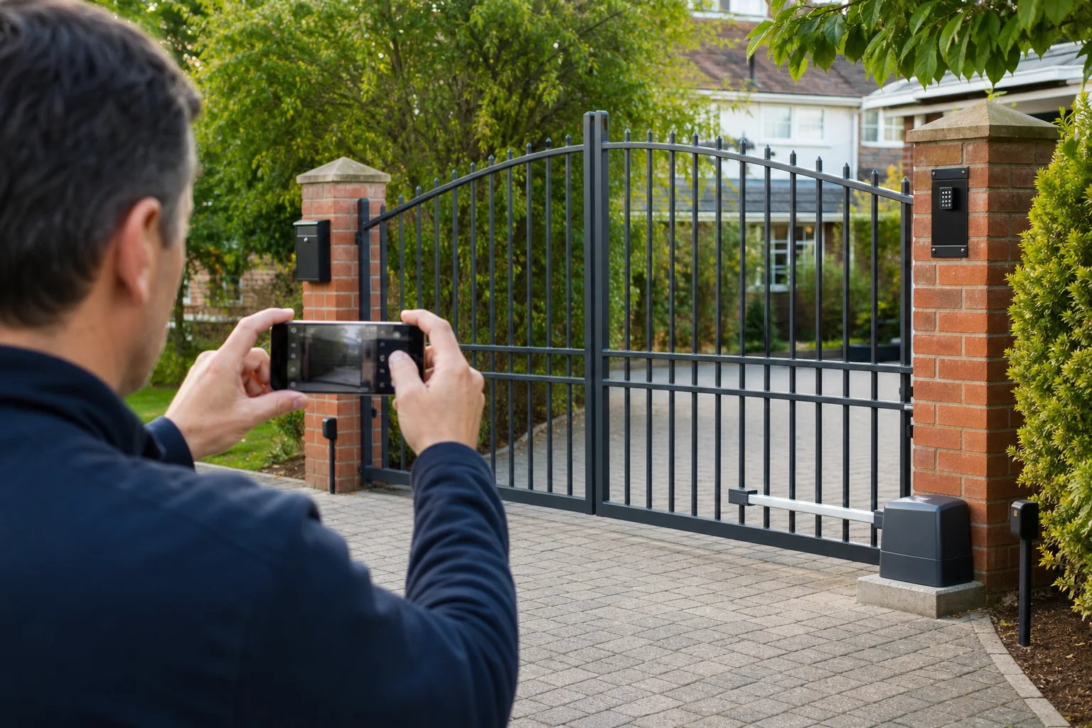 Homeowner photographing automated-gate security features for insurance