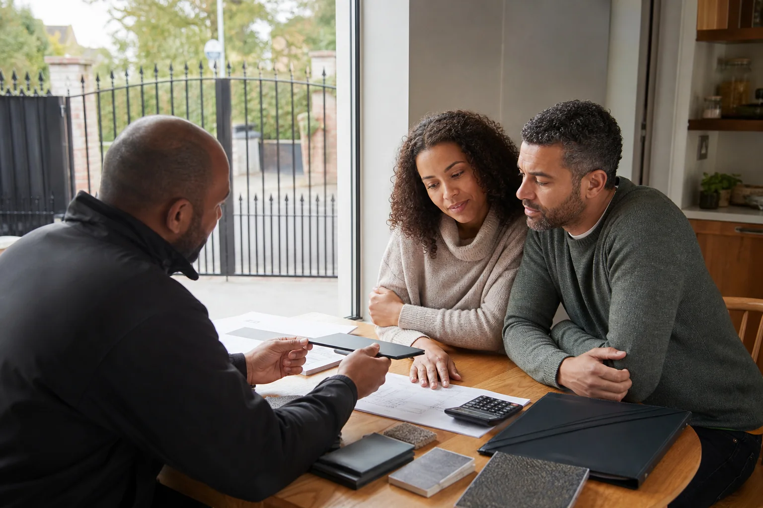 Couple discussing long-term automated-gate costs with an installer
