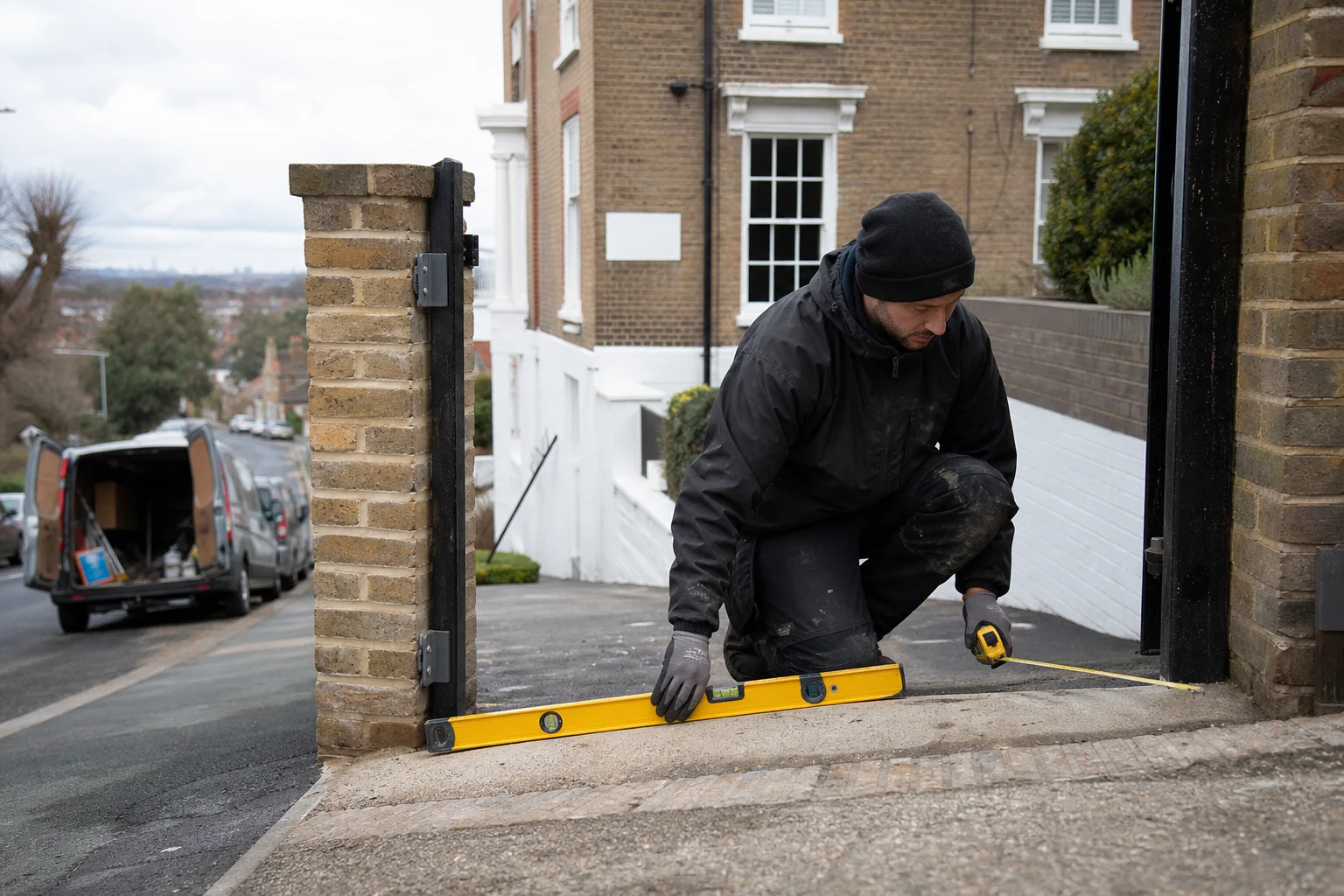 Gate installer measuring the gradient of a sloping London driveway