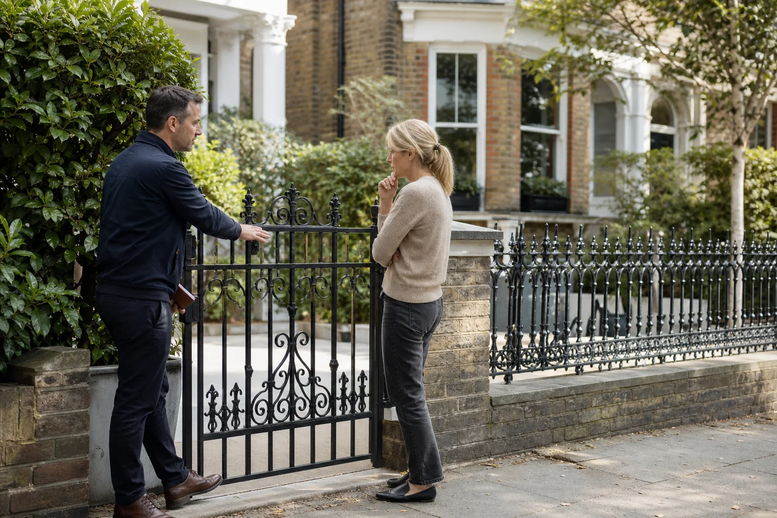 Gate specialist discussing sympathetic ironwork in a London conservation area