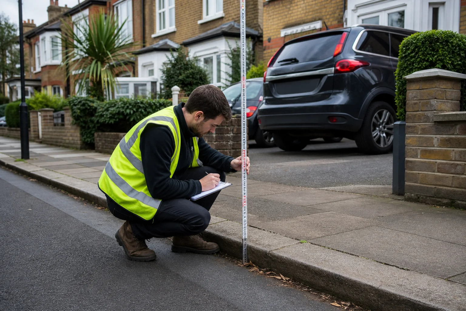 Surveyor measuring a London pavement and kerb for driveway access