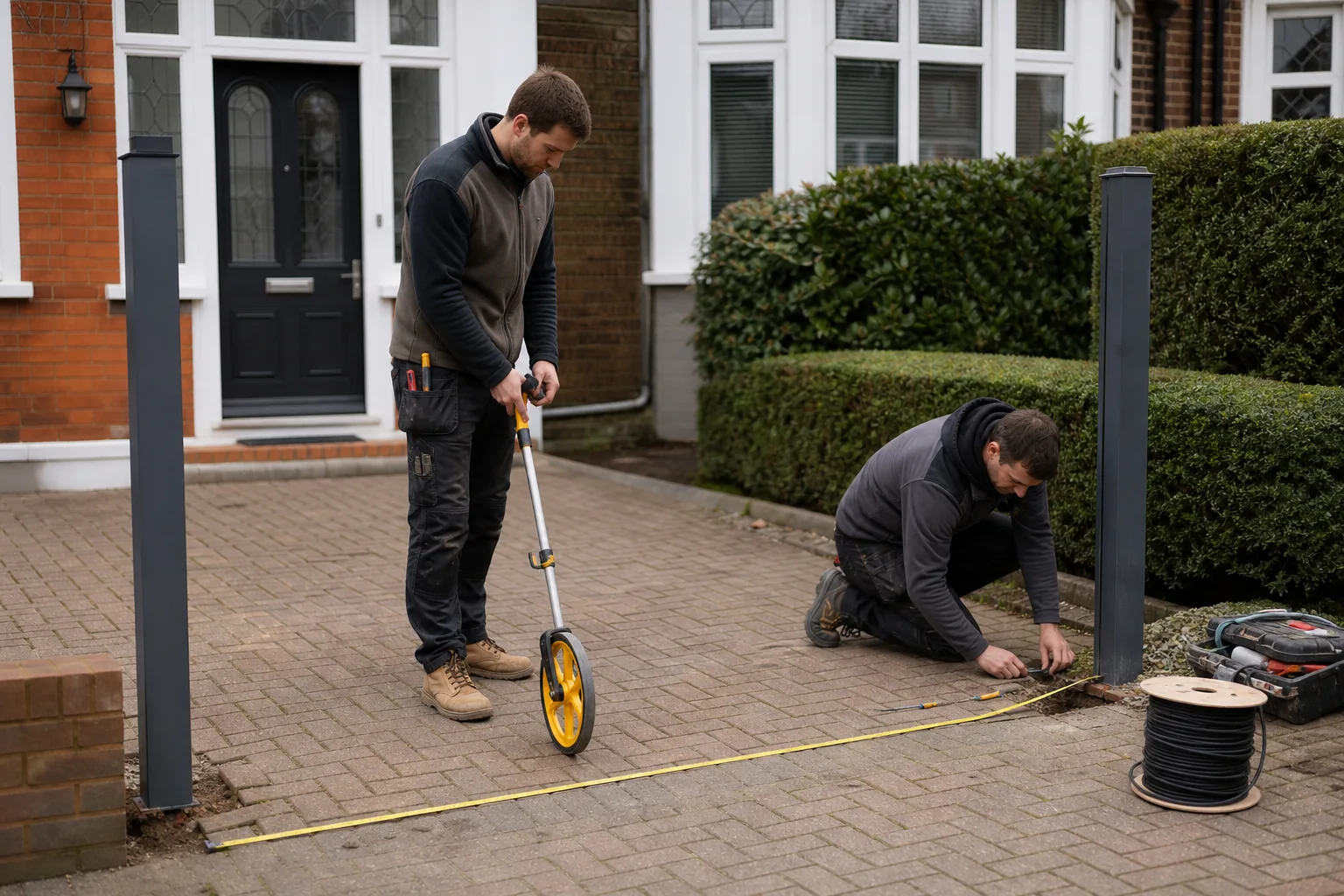 Installers measuring the electrical cable route across a London driveway