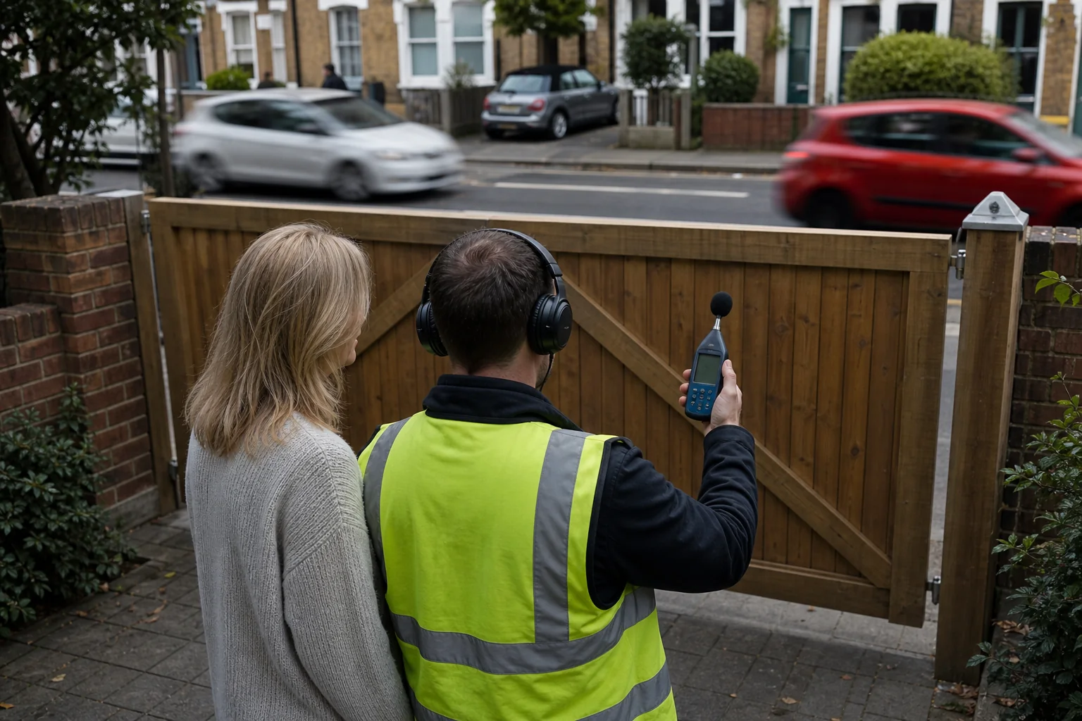 Acoustic surveyor checking traffic noise behind a solid driveway gate