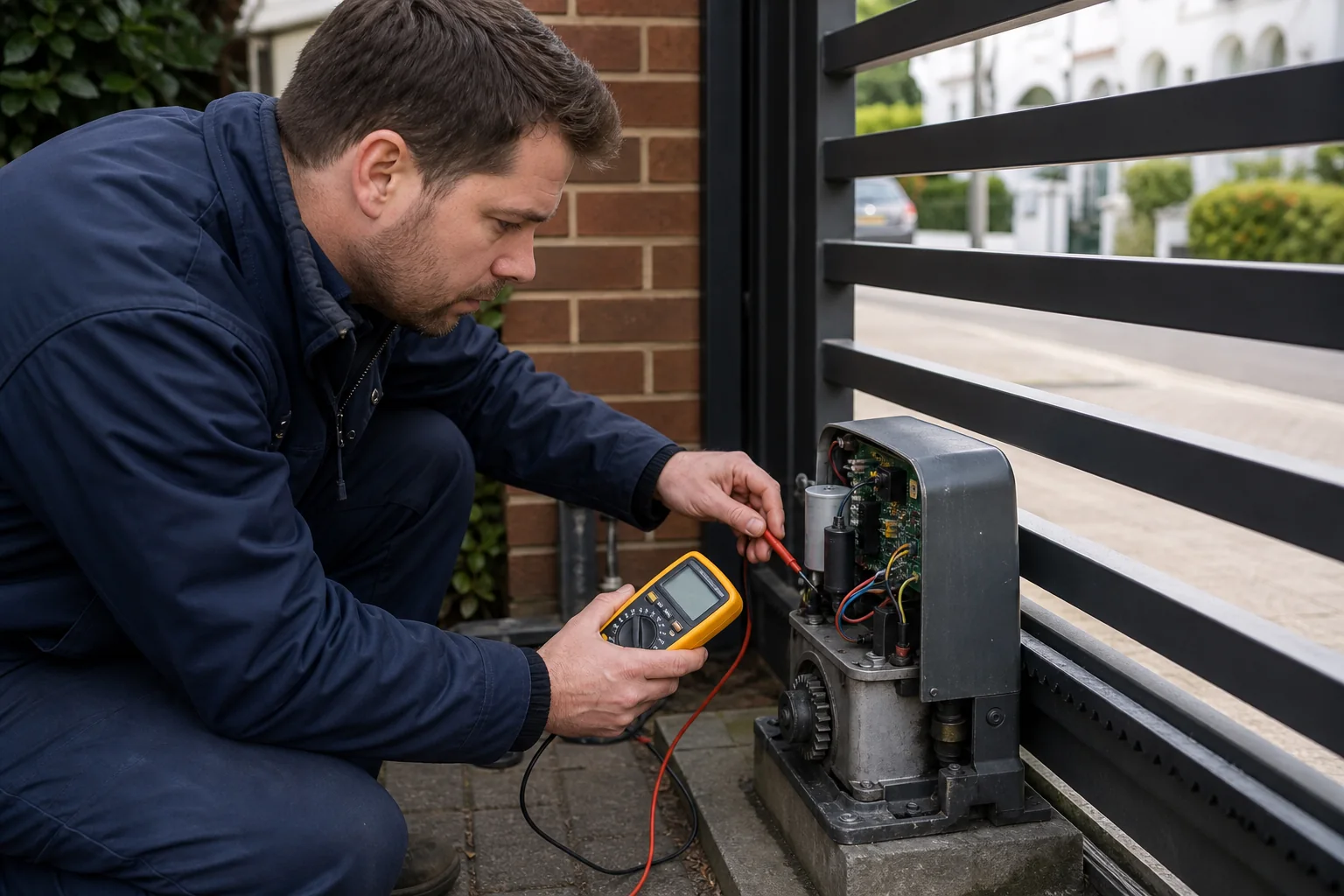 Repair engineer diagnosing a stationary sliding-gate motor