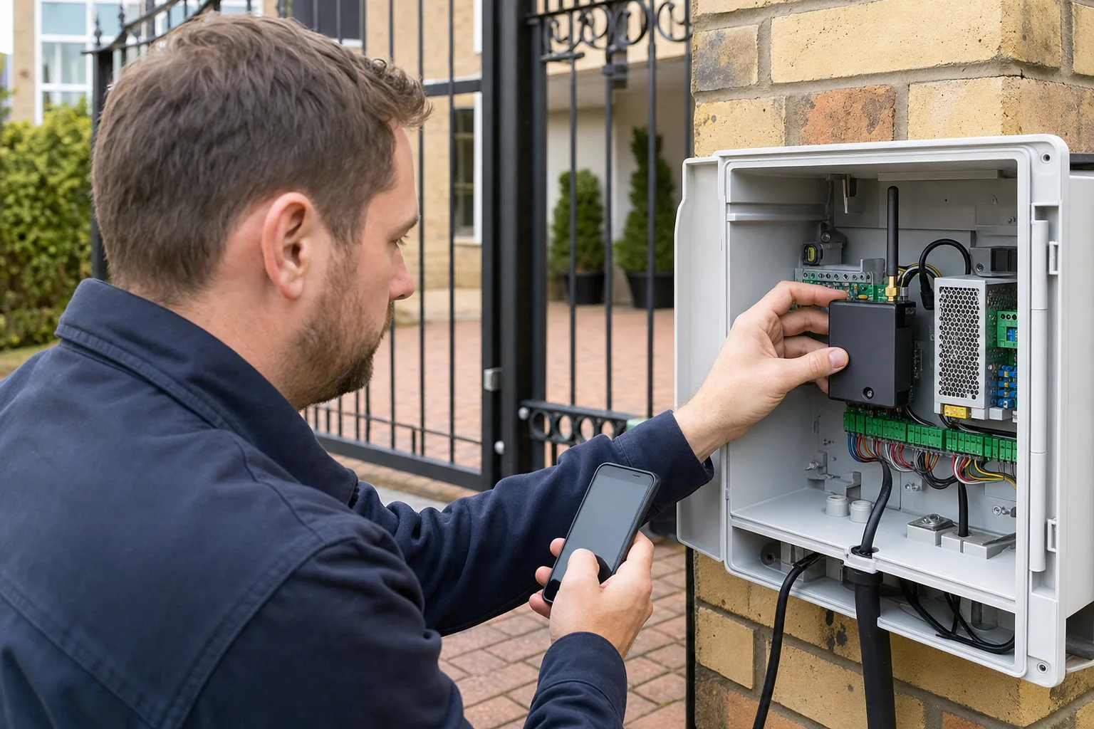Technician installing a cellular phone module in a gate control cabinet