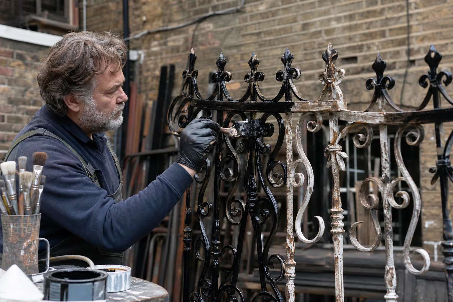 Metalworker applying a heritage finish to a restored Victorian gate
