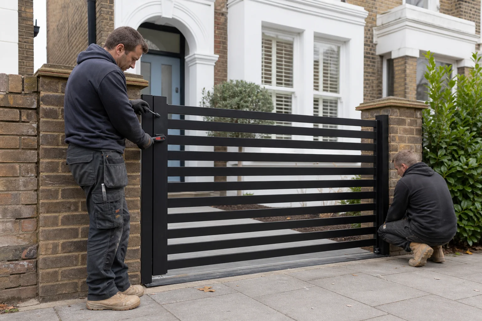 Installers fitting a minimalist steel-slat gate to brick pillars