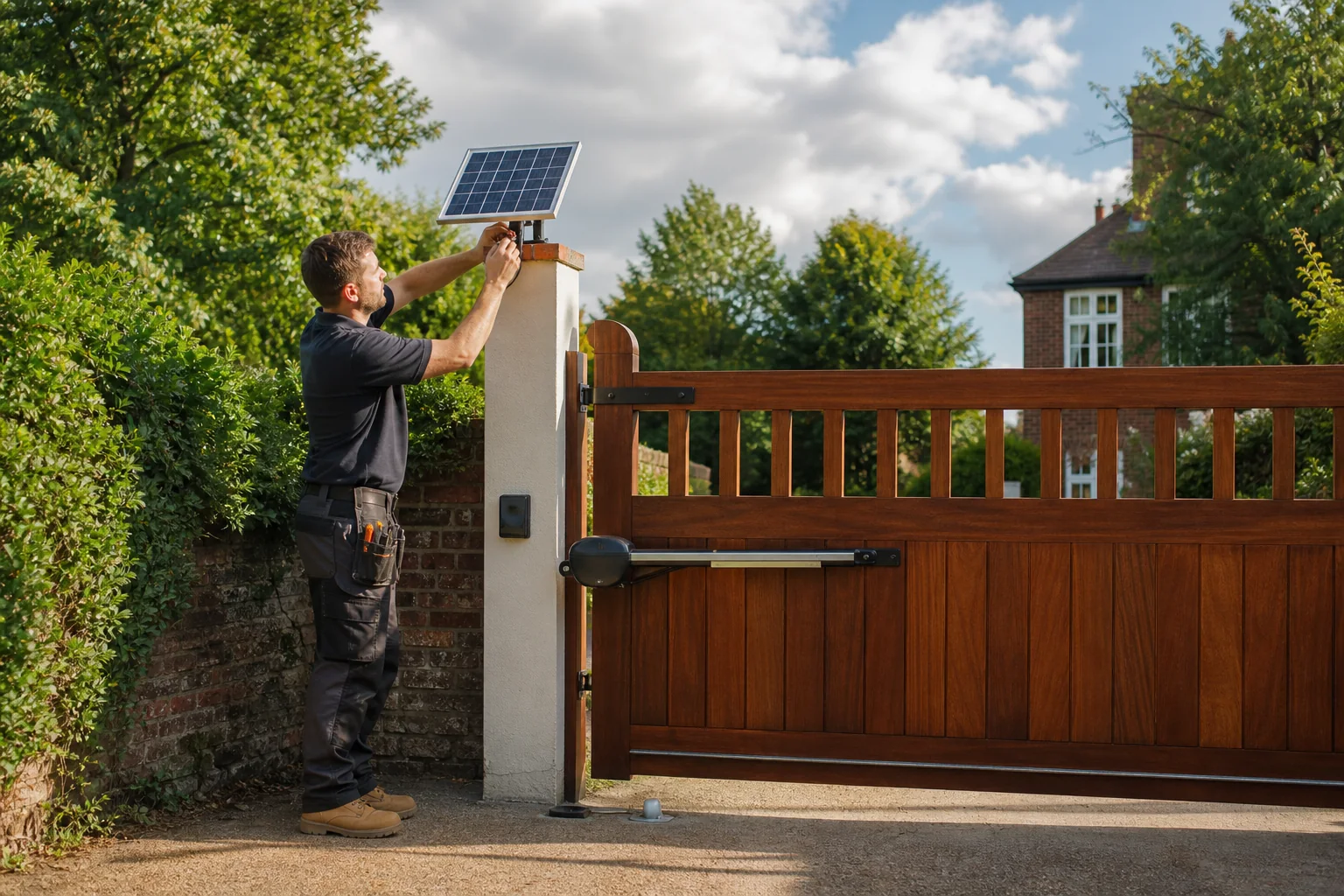 Installer mounting a solar panel for an automated timber driveway gate