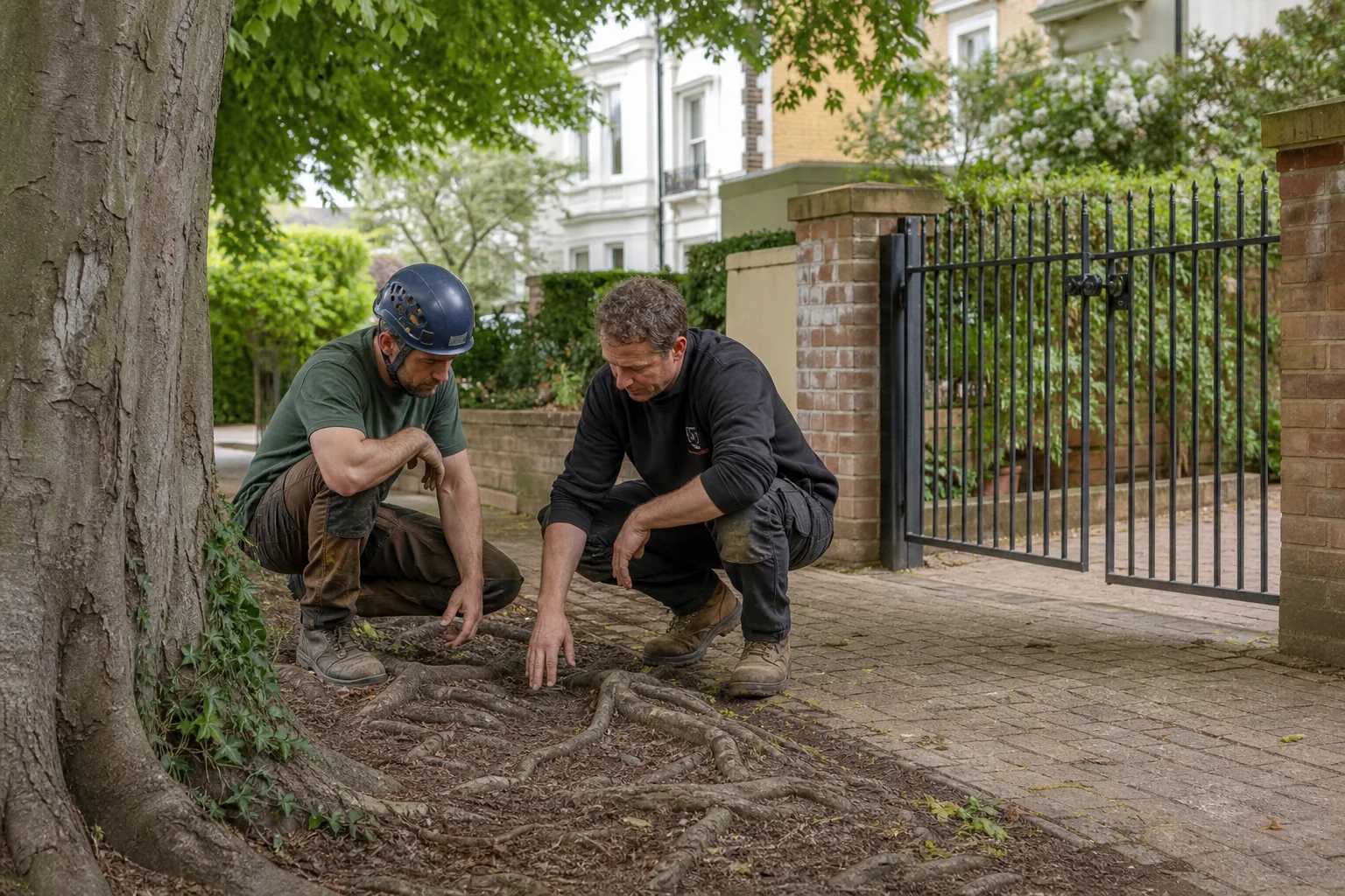 Arborist and gate contractor inspecting tree roots beside a driveway