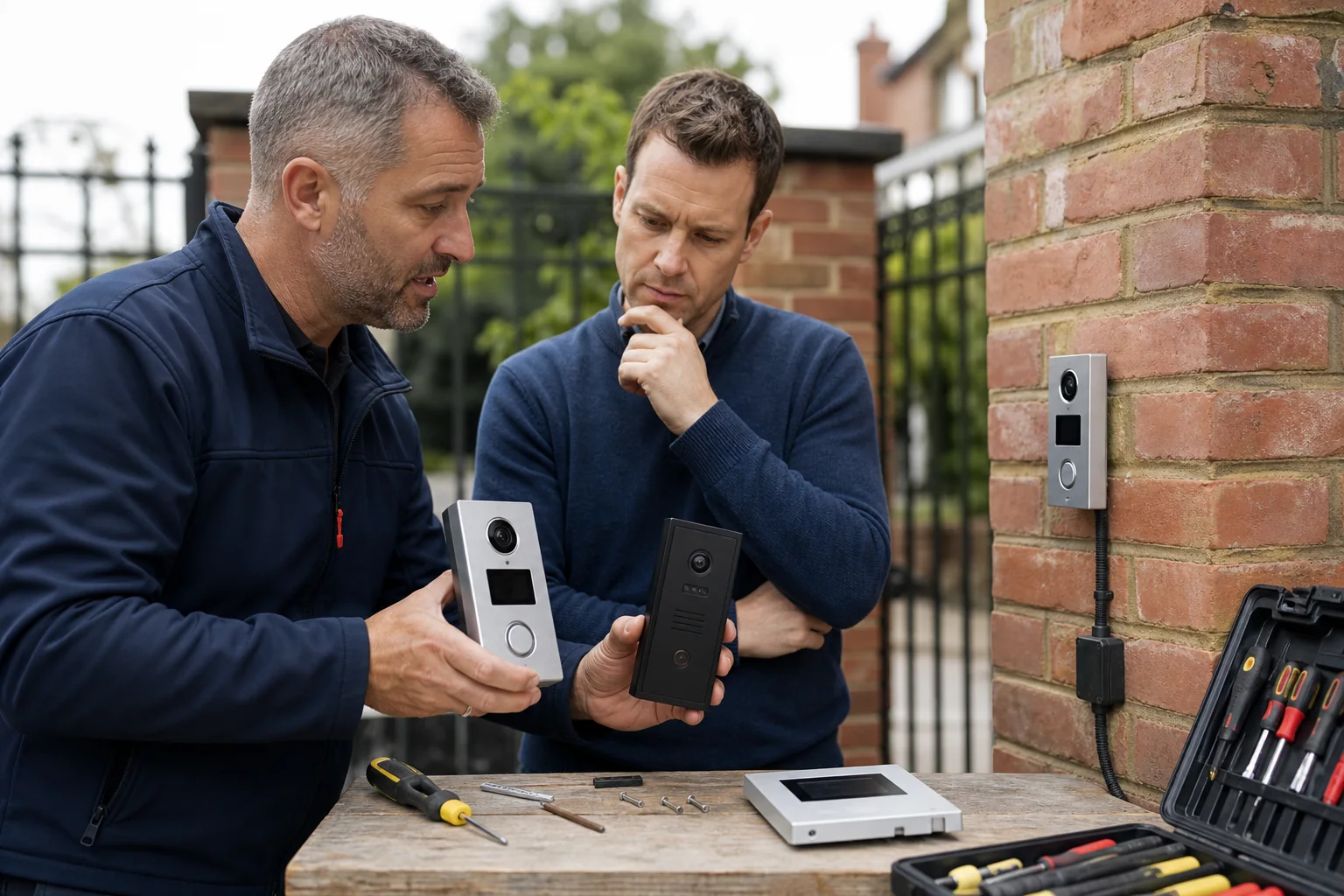 Installer comparing two video intercom options for a London driveway gate