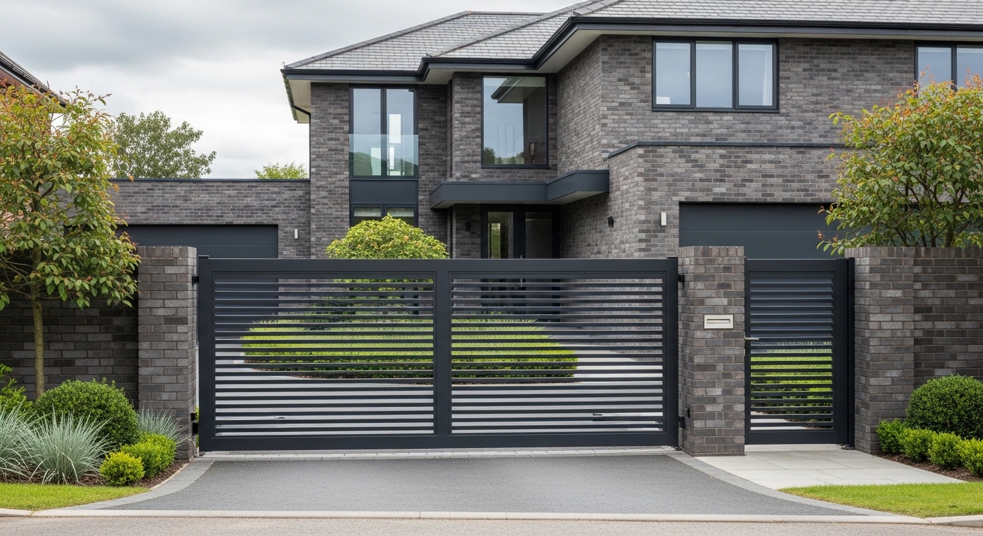 Electric sliding gate opening on a London driveway