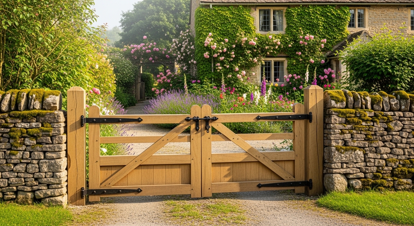 Hardwood timber driveway gate with natural grain finish