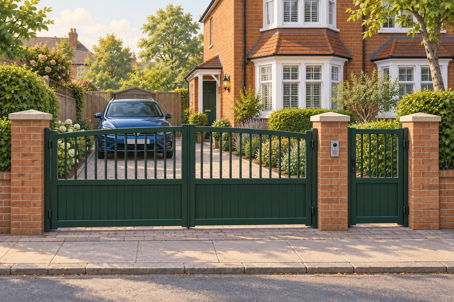 Illustration of closed green driveway gates and a separate pedestrian gate, with a blue car parked inside a London brick-house frontage.