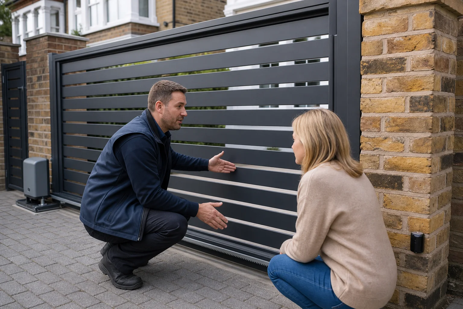 Installer showing gate photocells and safety edging to a homeowner