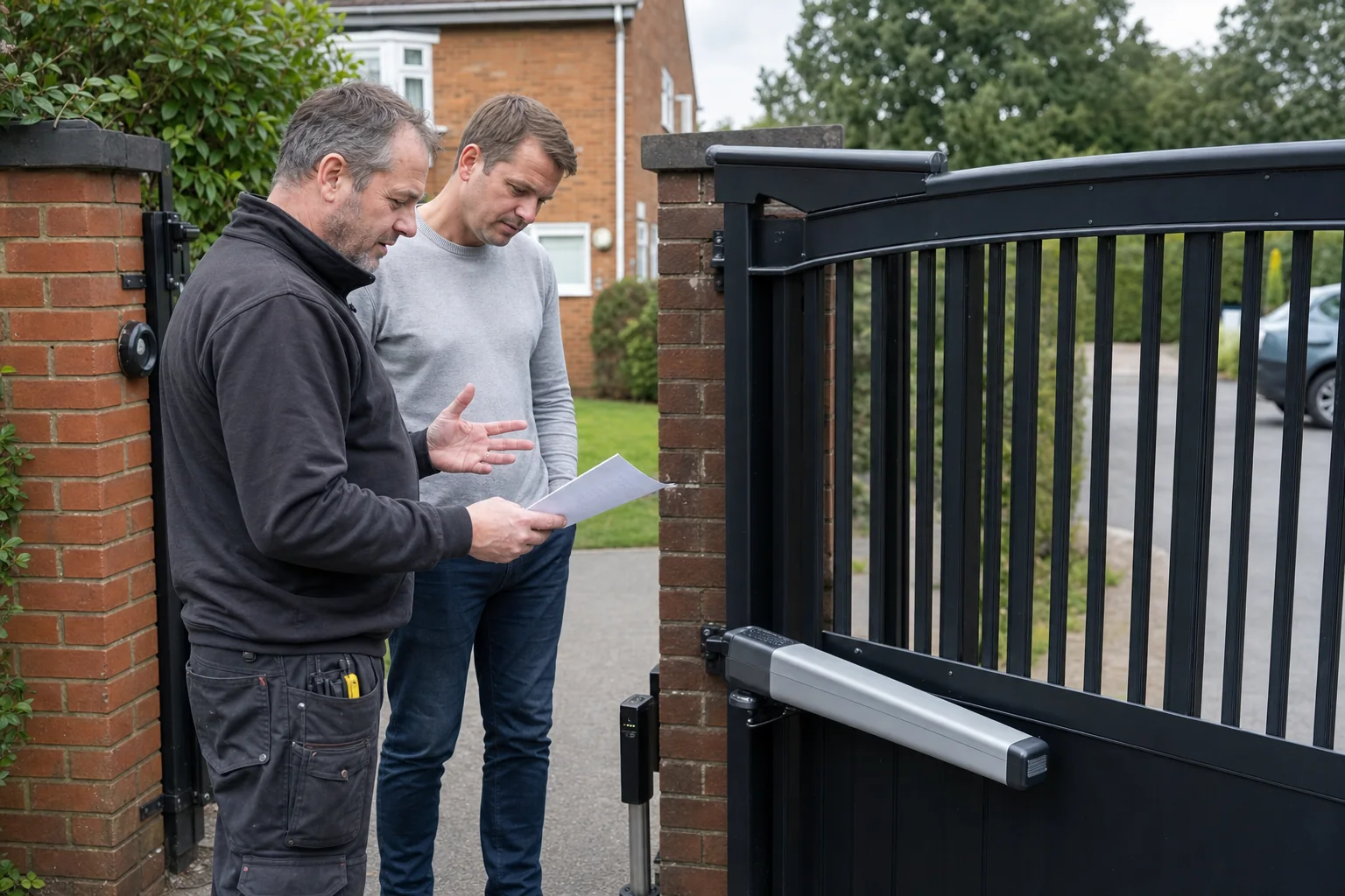 Gate installer explaining a completed safety inspection to a homeowner