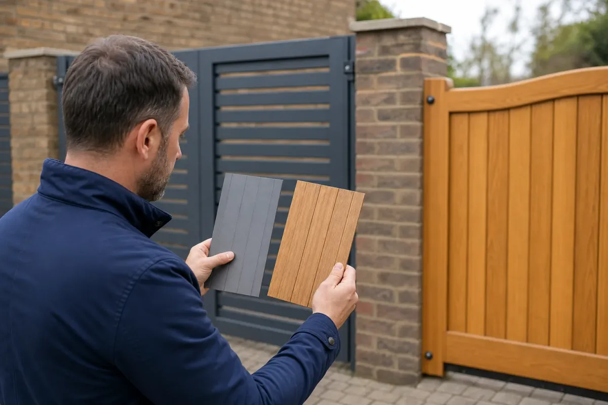 Homeowner comparing aluminium and wooden driveway-gate finishes