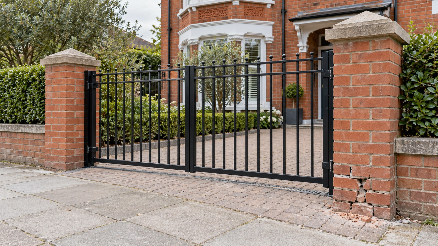 Illustration of black metal swing gates between brick pillars at a London home, with one pillar showing a few displaced bricks at its base.