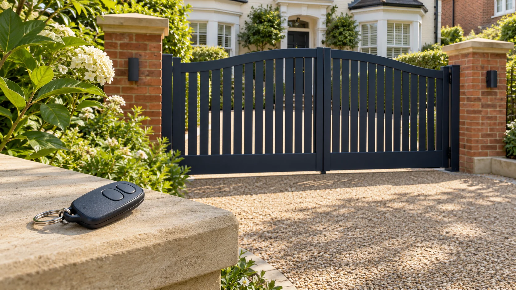 Illustrative two-button gate remote on a sandstone wall in front of closed dark blue driveway gates and brick pillars.