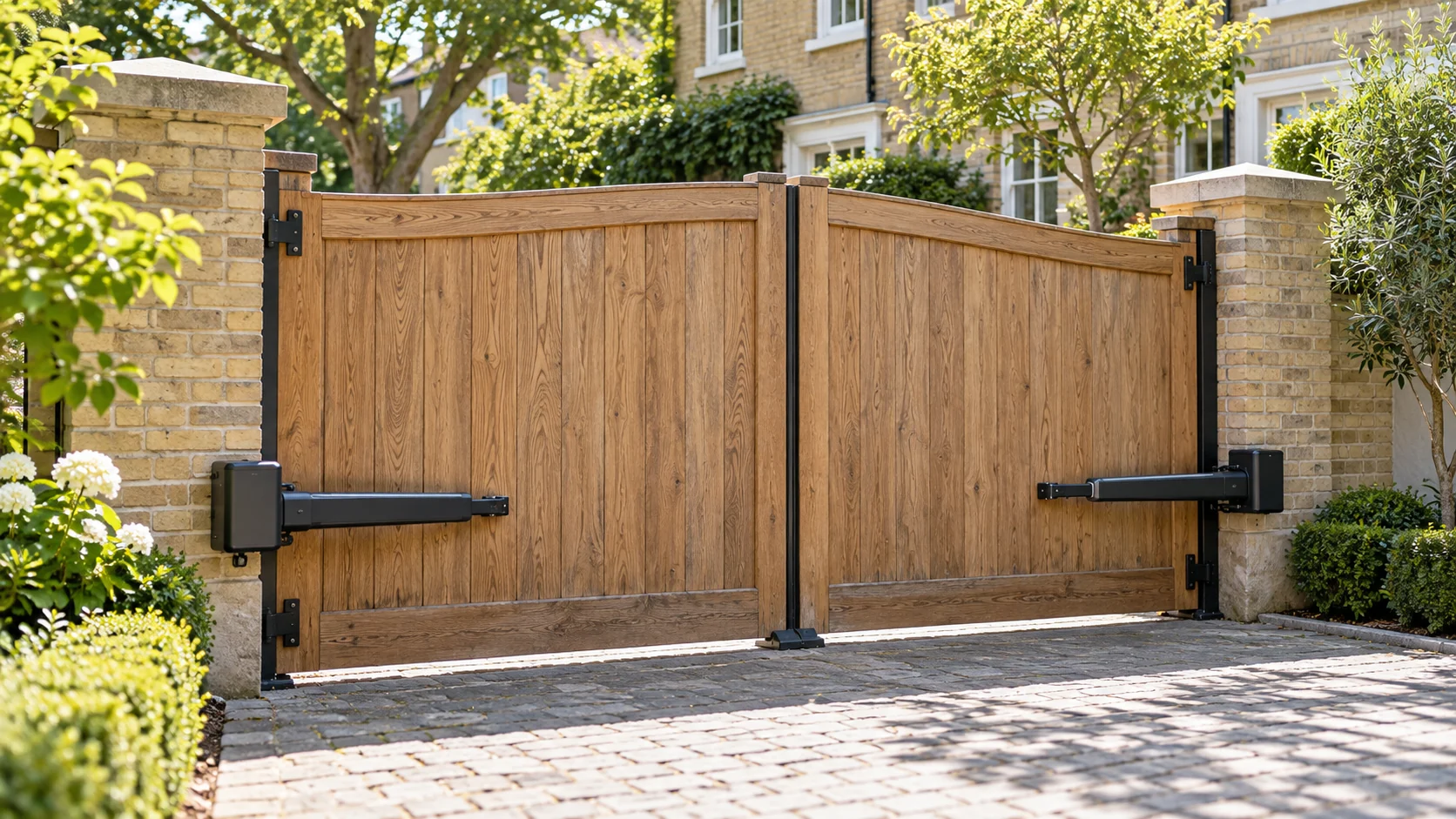 Illustrative timber driveway gates with enclosed automation arms and brick supports, viewed from inside an established residential garden.