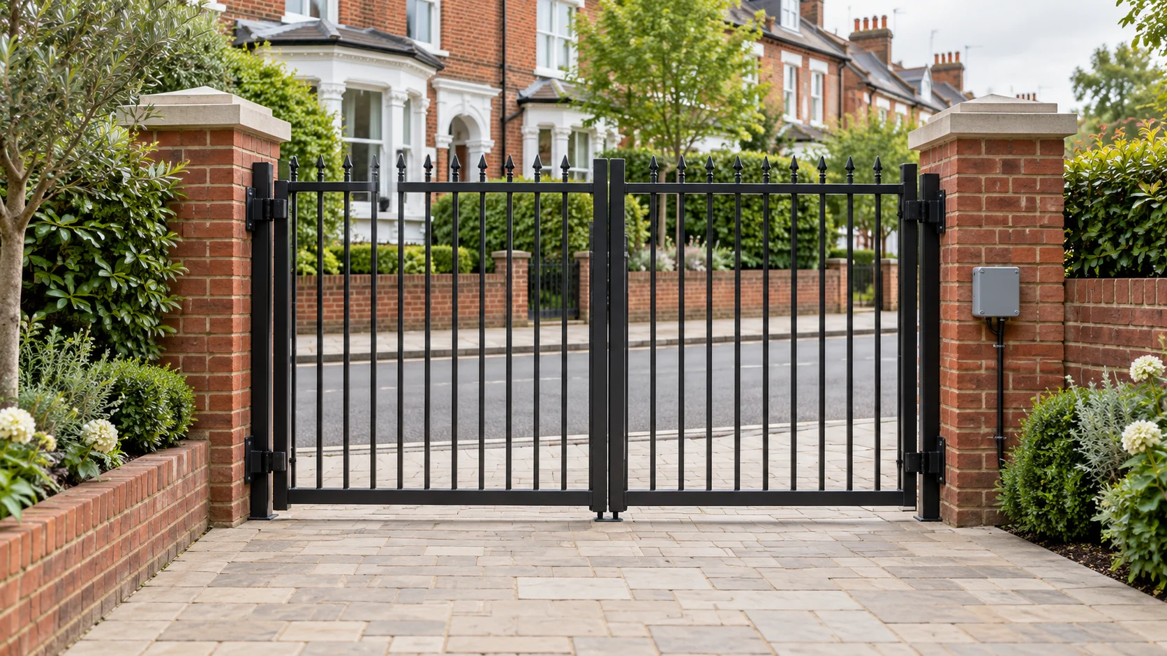 Illustration of closed black metal swing gates at a London home, with a small grey isolator box mounted on the brick pier.