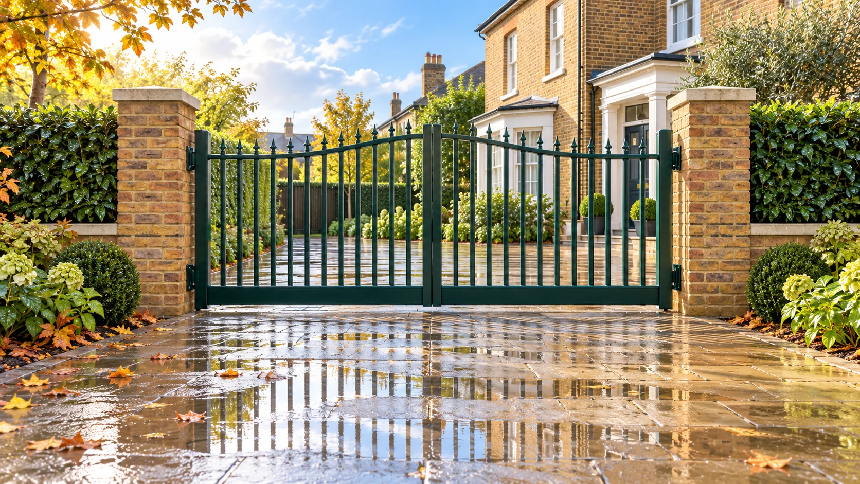 Illustration of closed green swing gates between brick piers, with wet paving and puddles after rain.