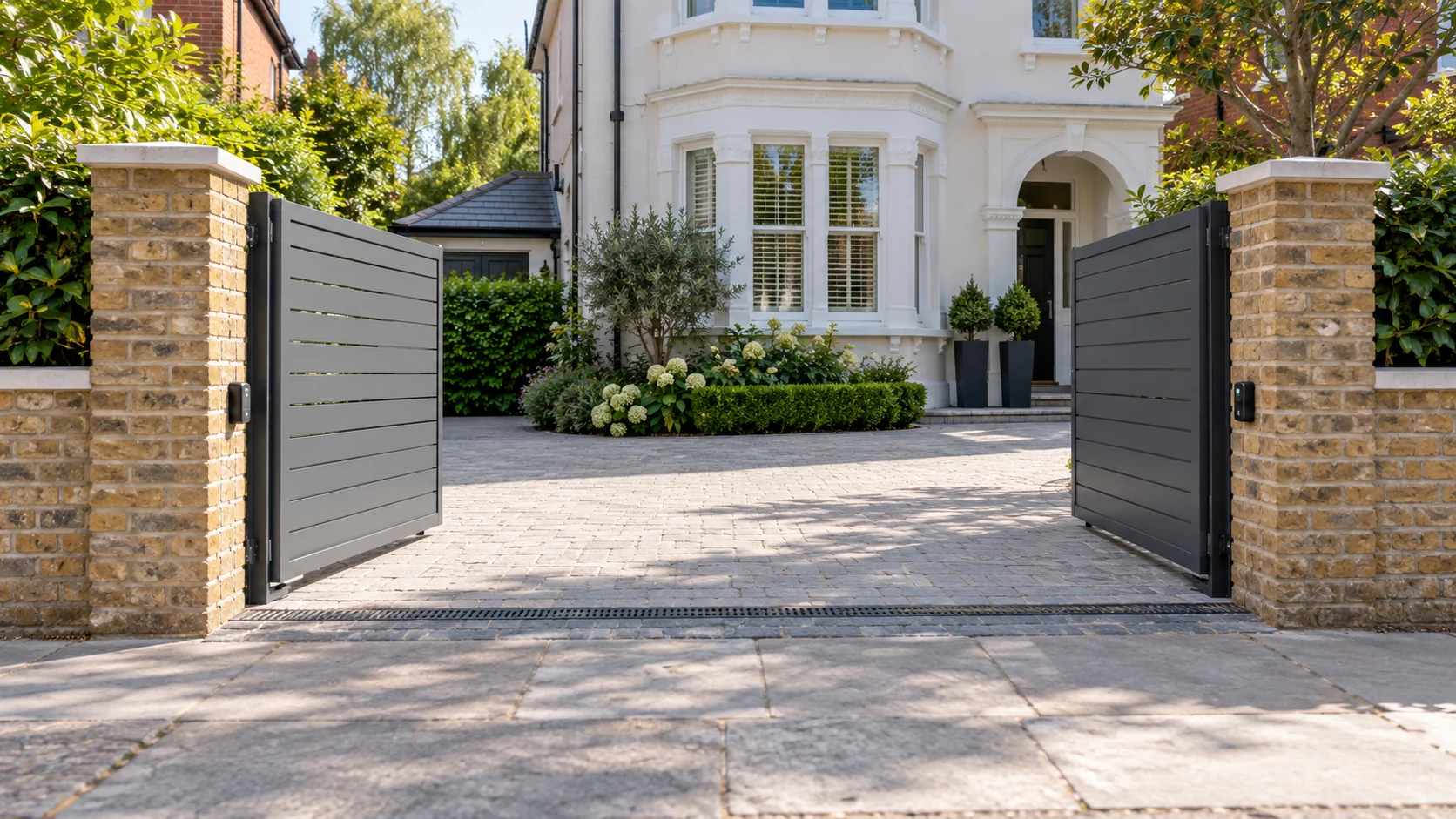 Illustrative grey slatted driveway swing gates open inward beside brick piers at a bright residential entrance.