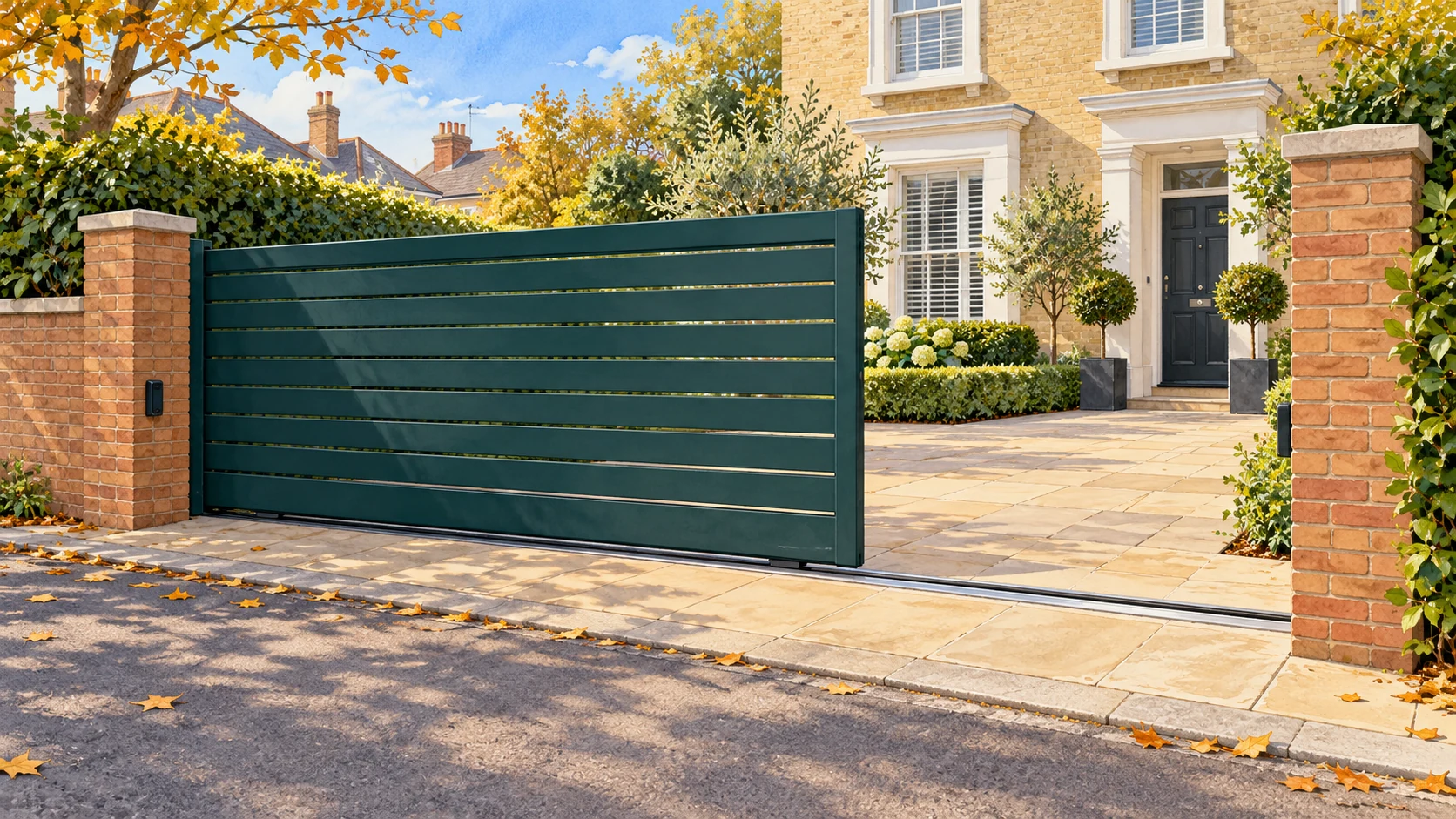 Illustration of a teal sliding driveway gate partway across a London entrance, with a clear opening to the right.