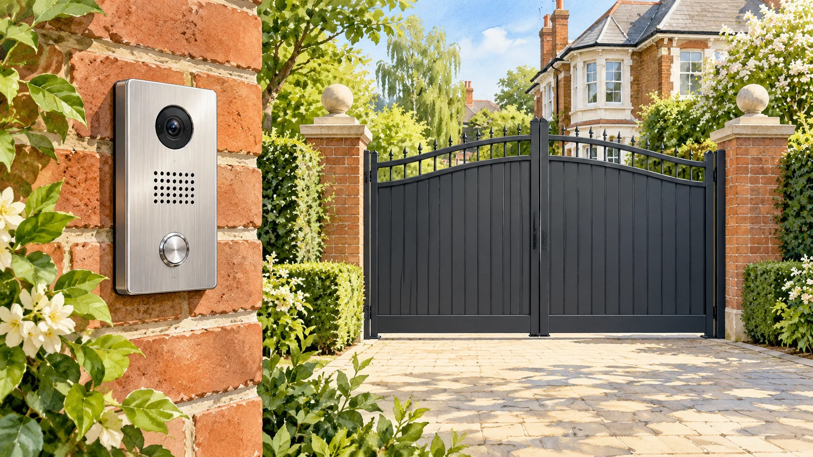 Illustration of a silver video intercom on a red-brick pier beside closed dark driveway gates at a leafy London home.