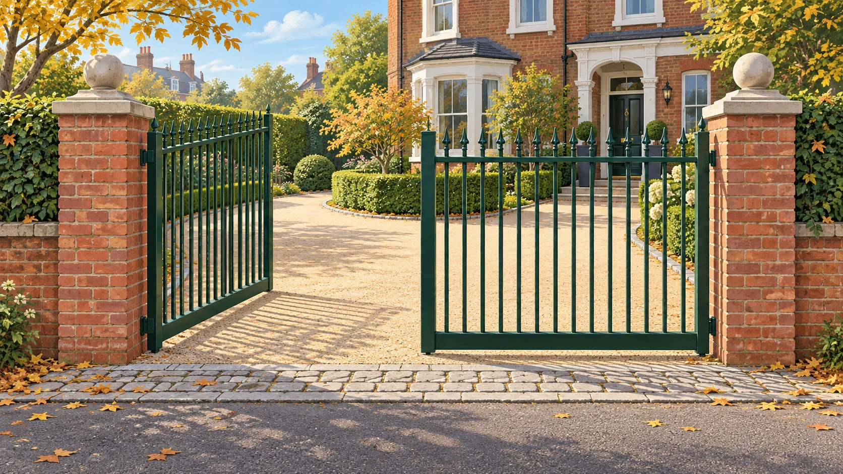 Illustration of paired green driveway gates at a London brick house, with the left leaf open inward and the right leaf closed.