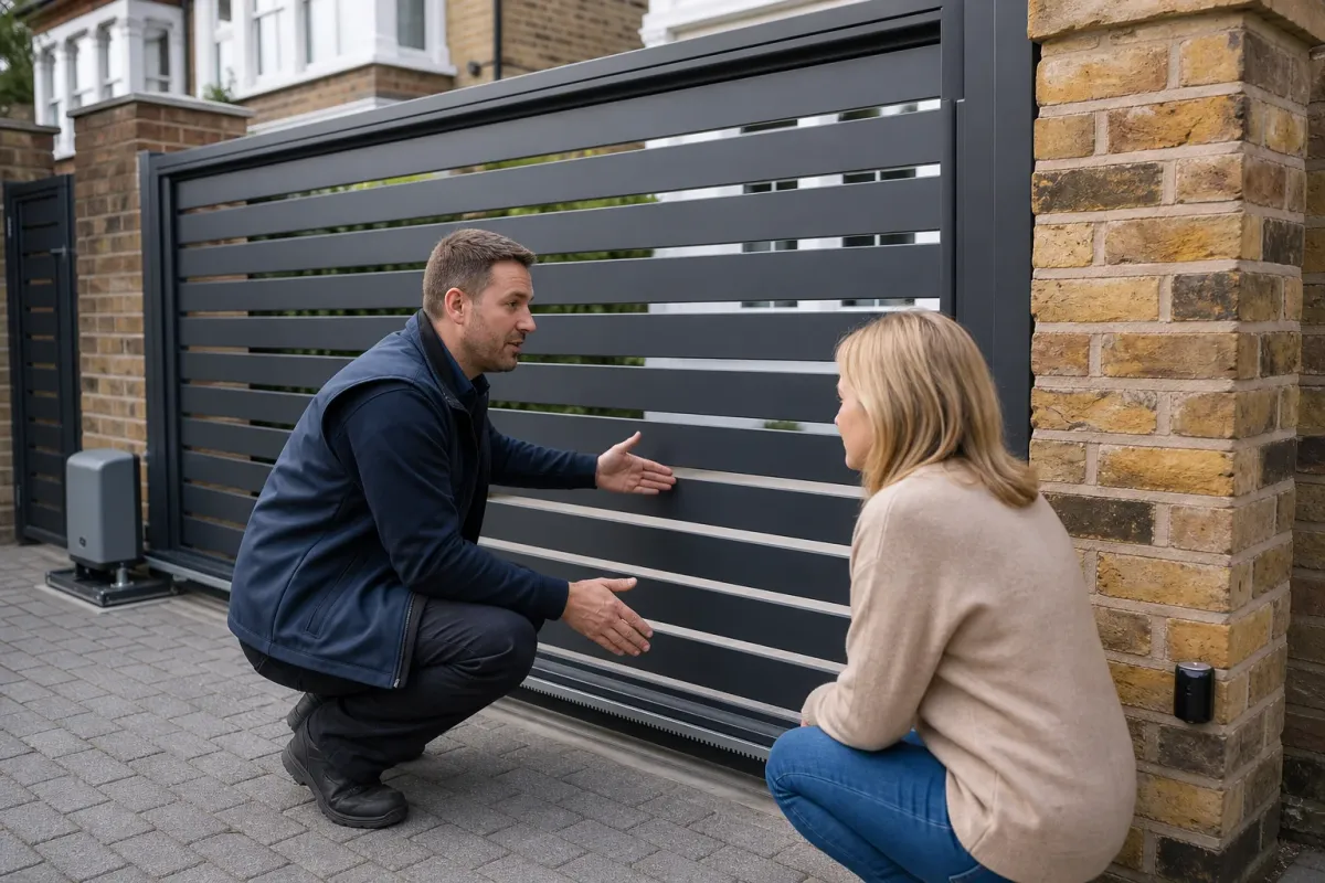 Installer showing gate photocells and safety edging to a homeowner